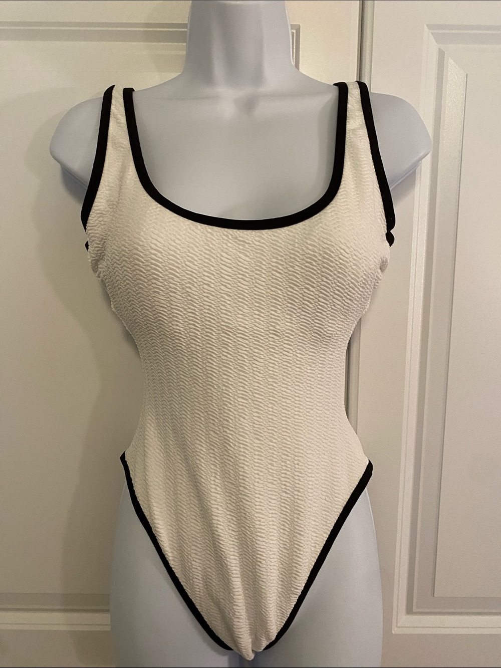 No Boundaries White Textured One-Piece Swimsuit with Black Trim